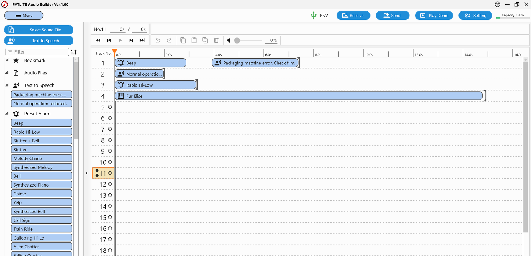 Playlist editing screen in PATLITE Audio Builder. Audio clips are listed on the left, and a multi-track playlist is shown on the right.